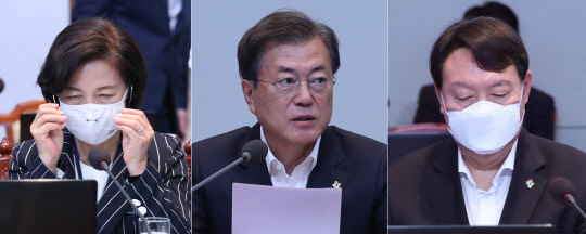 문재인 대통령이 22일 오후 청와대에서 열린 제6차 공정사회 반부패정책협의회에서 발언하고 있다. 추미애 법무부 장관(왼쪽)과 윤석열 검찰총장(오른쪽)이 문 대통령 발언을 듣고 있다.   연합뉴스